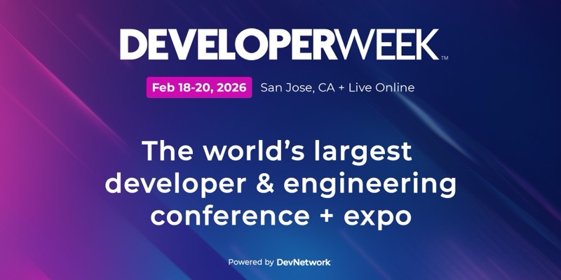DeveloperWeek 2026 conference banner featuring Hari Krishnan's session on Spec-Driven Development with AsyncAPI